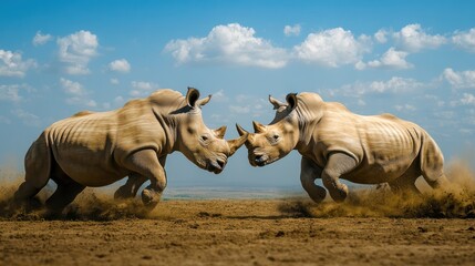 Fototapeta premium Two white rhinos clash in a dramatic standoff