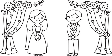 Wedding Ceremony Scene Vector with Bride and Groom Under Floral Arch Romantic Flat Illustration