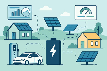 Illustration of solar-powered smart grid with homes and EV charging