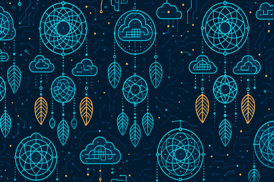 Seamless pattern of tech dreamcatchers and cloud computing icons