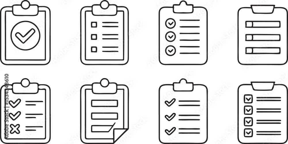 Poster task management icon set solid black vector with checklist clipboard and project completion symbols