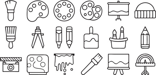 Art and Painting Tool Icons Solid Black Vector Set Featuring Palette Brush and Studio Essentials