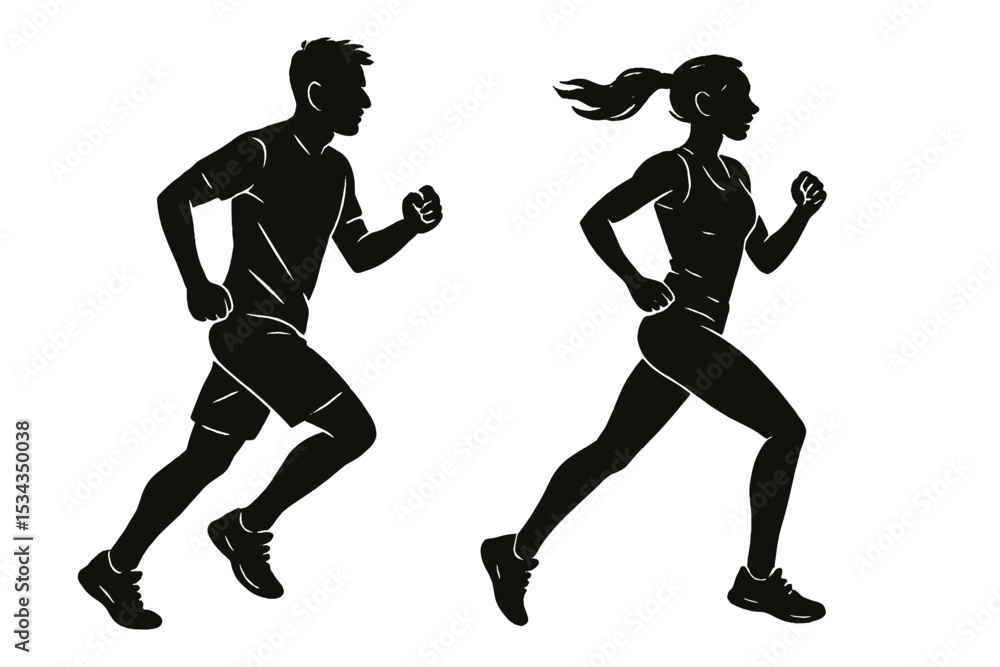 Poster ink drawings of a running man and woman are depicted as isolated vector silhouettes in a side view w
