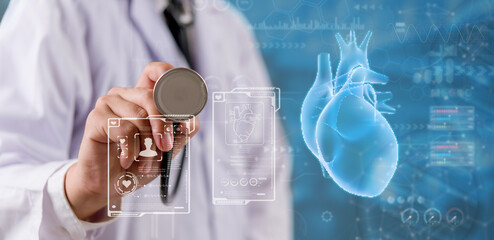 Doctor using stethoscope with heart Artificial Intelligence AI data, Innovative medical concept...