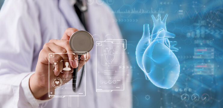 Doctor using stethoscope with heart Artificial Intelligence AI data, Innovative medical concept with augmented smart diagnosis technology.telemedicine, and smart hospital platforms.