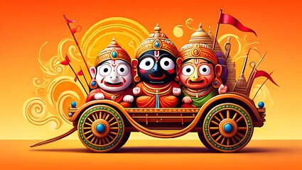 Vibrant illustration depicting the deities jagannath balabhadra and subhadra on a chariot during rath yatra