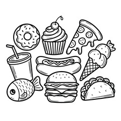 a collection of nine hand-drawn brown outline illustrations showcasing popular fast food and dessert items in playful doodle style
