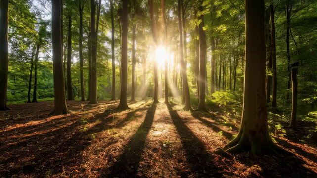 Sunlight breaking through trees in a tranquil forest creates long shadows on the ground and illuminating the foliage