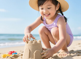 해변에서 즐거운 시간을 보내는 모자, Mother and Child Enjoying Beach Time