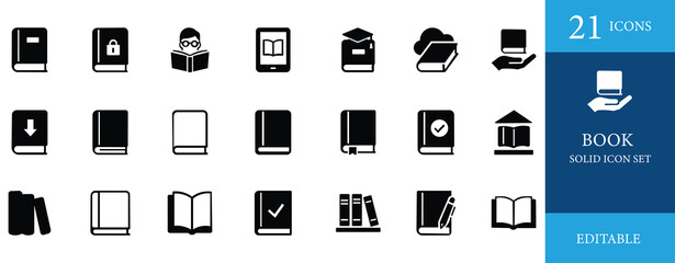 Book and education icon set featuring textbooks, ebooks, reading, study tools, school resources, and learning materials. Perfect for digital learning platforms