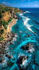Vibrant Coastal Landscape Showcasing Turquoise Waters and Rocky Shorelines Under a Clear Blue Sky in a Serene Seaside Setting