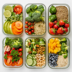 Meal Prep for a Healthy Lifestyle: A variety of healthy meals in glass containers, packed with fresh vegetables, grains, and fruits, ready for a week of nutritious eating.