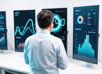 금융 데이터 분석하는 한국 사업가, Korean Businessman Analyzing Financial Data