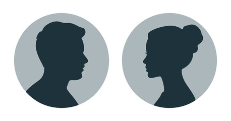 Elegant Man and Woman Silhouette Portraits in Gray Ovals Facing Each Other Minimalist Design for Wedding Invitations or Profile Pictures and Graphic Design