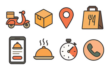 Food delivery icons set – outline, meal service and order tracking graphics