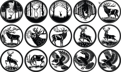 Collection of Elegant Black and White Wildlife Illustrations: Deer, Eagles, and...