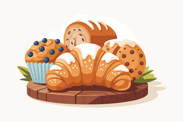 Assorted Delicious Baked Goods Croissant, Muffin, and Sweet Rolls