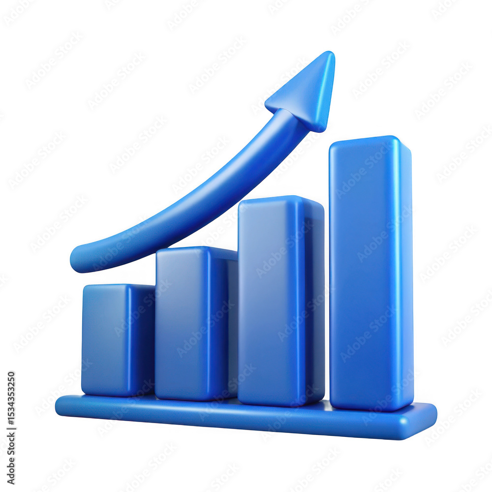 Poster 3d blue bar graph with upward arrow isolated on transparent background