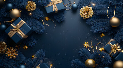 Elegant Christmas Composition with Blue and Gold Ornaments on Dark Background