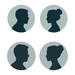 Silhouetted Man and Woman Profile Portraits in Circles on a White Background Minimalist Vector Illustration for Avatar or Icon