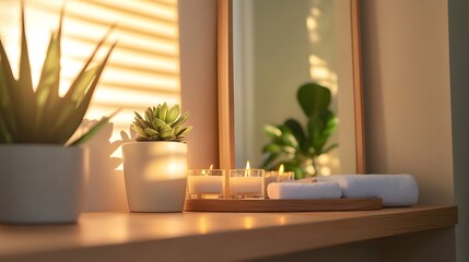 Modern spa shelf with potted succulents, lit candles, and rolled towels, softly illuminated by golden sunlight filtering through blinds for a calm, cozy ambiance.