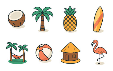 Tropical icons set &ndash; outline style for beach and summer themes, vacation symbols