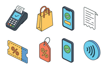 Shopping and retail line icons set – modern, commerce and transaction graphics