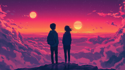 Lofi-Style Background of Two Friends Standing on a Hill Overlooking a Sea of Clouds and Setting Sun as Sunset Fades into Night