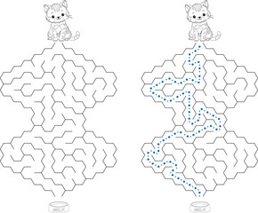 Help kitten pass through labyrinth to find a bowl with milk. Feed the hungry cat maze. Easy logic game for kids and parents with solution isolated on white background