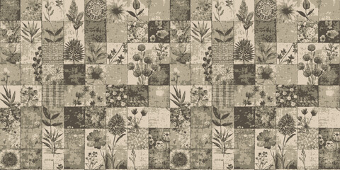 Elegant vintage floral patchwork design in muted earth tones.