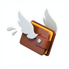 A stylized 3D flying wallet equipped with wings symbolizing spending payment or loss rendered in a PNG format for use as an icon