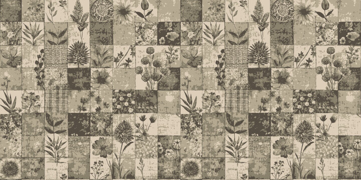 Elegant vintage floral patchwork design in muted earth tones.