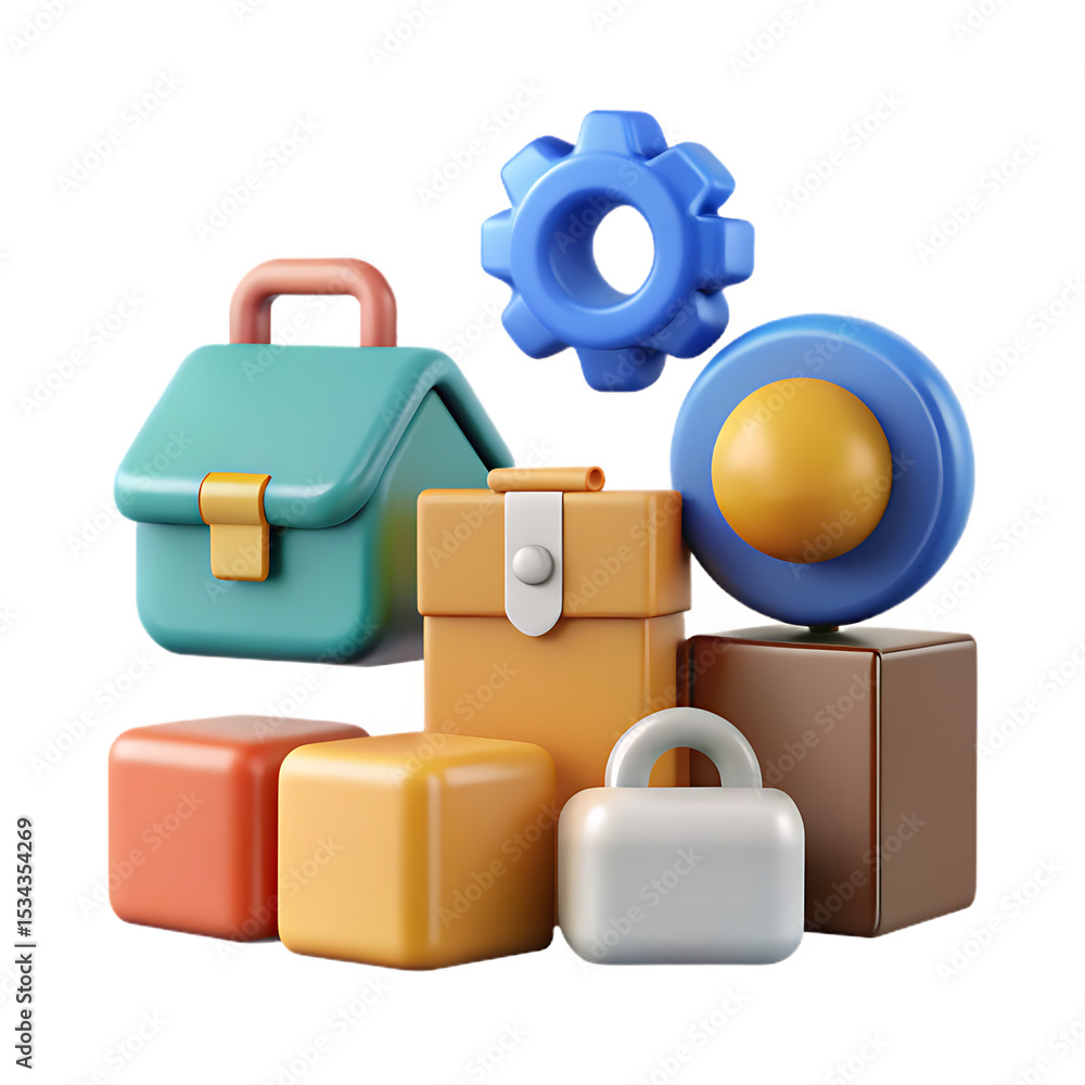 Poster 3d render of colorful geometric shapes representing tools, objects and symbols