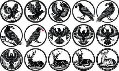 Obraz premium Collection of Exquisite Black and White Animal Illustrations in Oval Frames