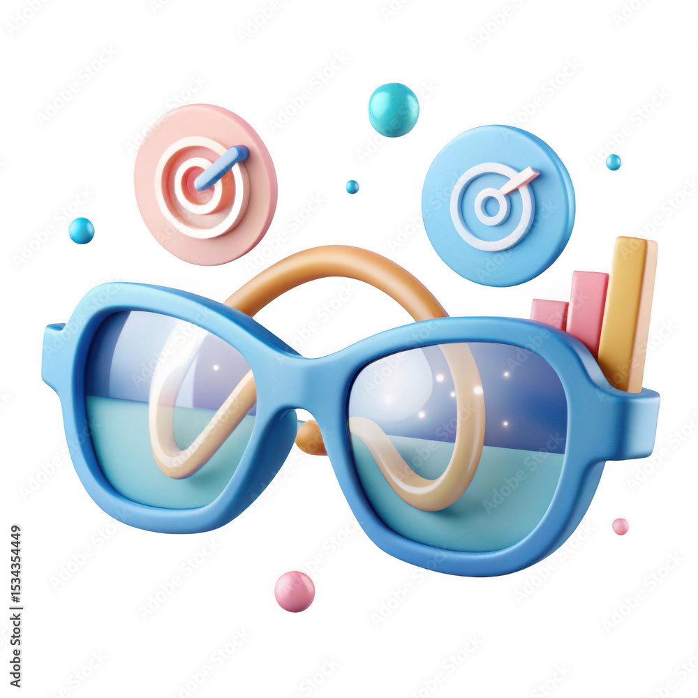 Poster 3d render of blue eyeglasses with target and graph icons isolated on transparent background