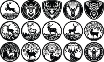 Collection of Elegant Black and White Deer Illustrations, Perfect for Logos...