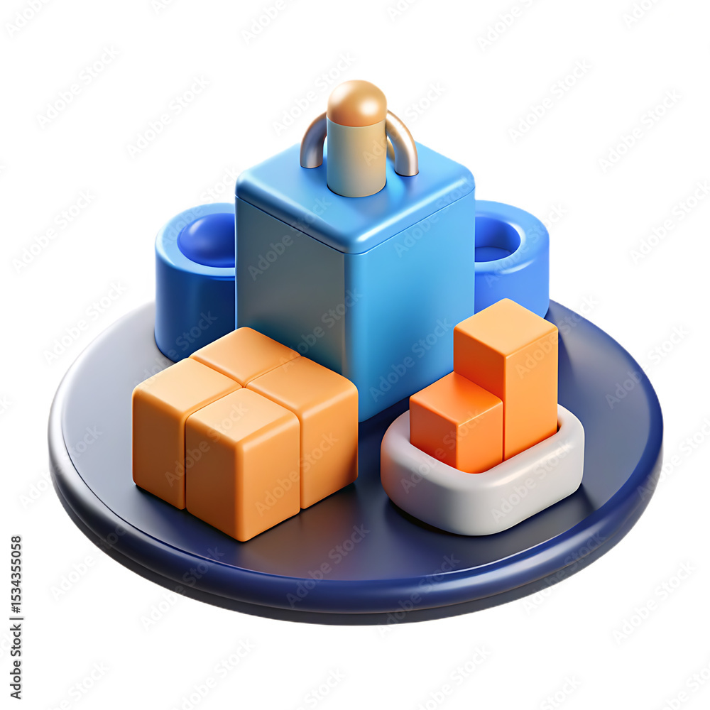 Poster 3d rendered geometric shapes on a circular base representing data and concepts