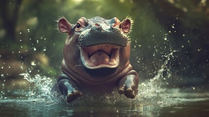 Fototapeta premium Playful hippopotamus emerging from water, splashing.