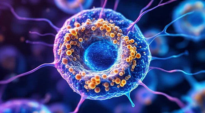 Detailed microscopic view of a biological cell with intricate internal structures and external projections under vibrant blue and orange lighting