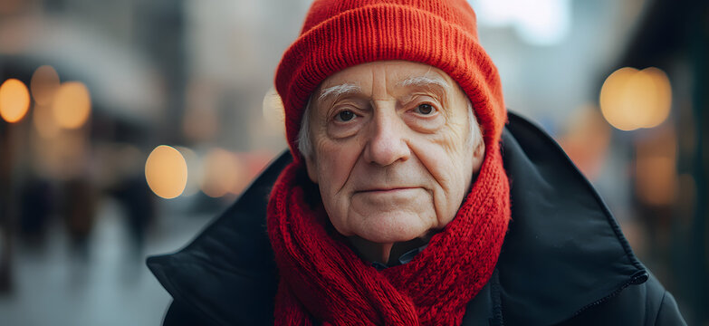 Portrait of elderly man in red knit hat and scarf with warm expression in urban setting