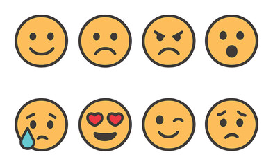 Fototapeta premium Minimalist emoji icons set – outline, expressive smileys for messaging and social media