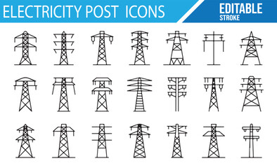 Collection of High Voltage Transmission Tower and Power Post Icons

