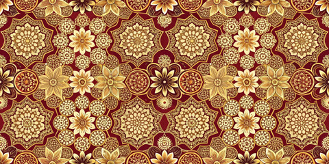 Intricate gold floral patterns on a deep red background create a rich tapestry design.