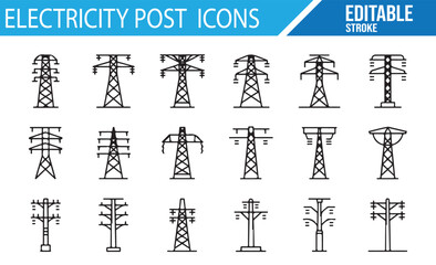 Set of Electric Post, Power Tower, and Energy Infrastructure Icons

