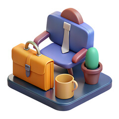 3d rendered office scene featuring a briefcase chair mug and a small cactus plant.