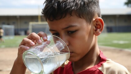 Young boy drinking water from a glass after playing sports on a sunny day