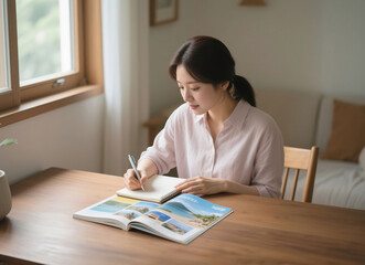 젊은 주부 책상 공부 교육 가정 학습, Young Housewife Desk Study Education Home Learning