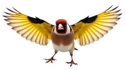Naklejka premium European goldfinch with vibrant colors in mid-flight displaying wings in striking V shape