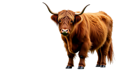 Highland cow with shaggy reddish brown hair and curved horns standing gracefully on a plain during a clear day