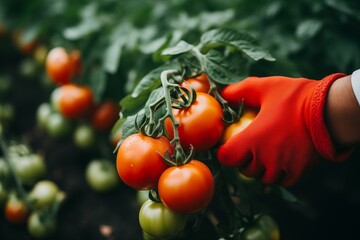 Fresh tomatoes on the tree with the hands of farmers harvesting them.